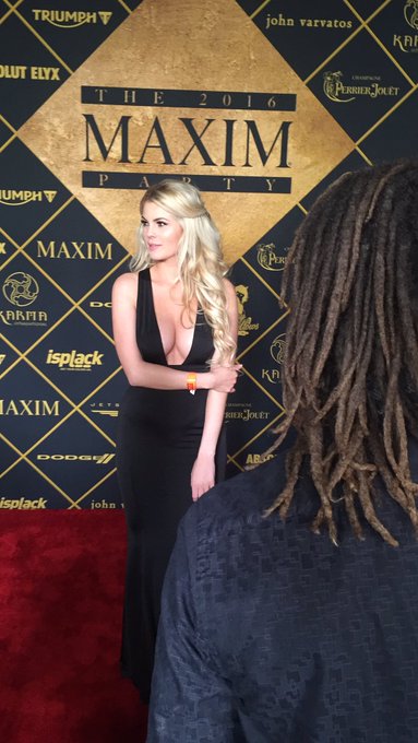 2 pic. Good times walking the red carpet at the @MaximMag party. #superbowl2016 
Dress by @HouseOfCB