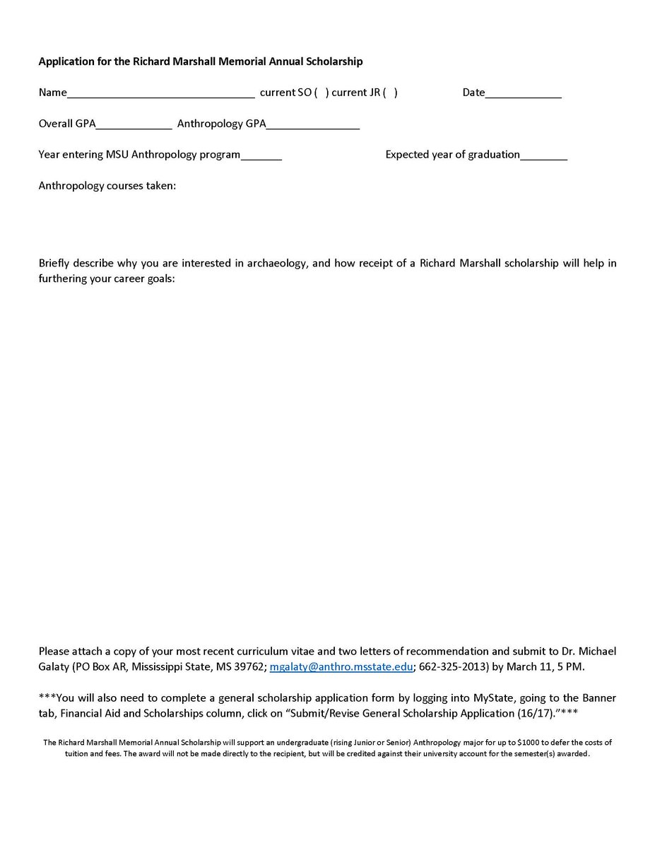 Information and the application for the Richard Marshall Memorial Scholarship #archaeology #fieldwork <a href="/Anthromsu/">Anthropology Club</a>