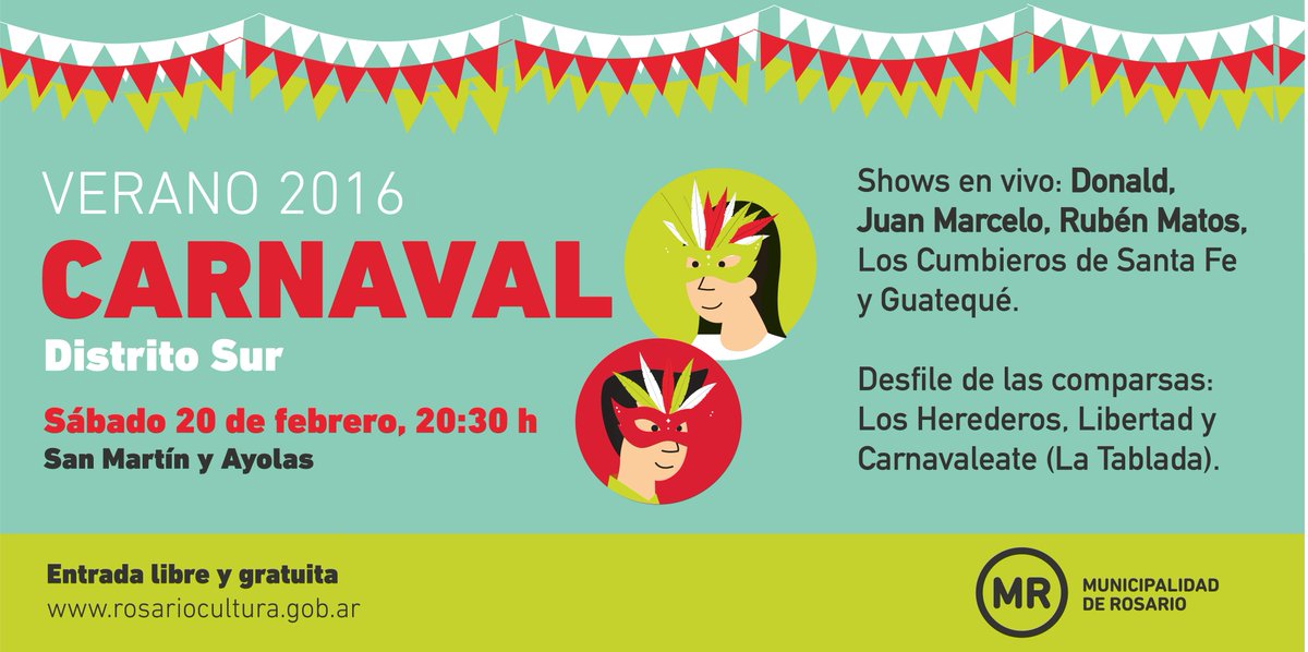 CMDSur's tweet photo. #Cultura 
¡Se viene el #Carnaval2016 al #Sur! 
Grandes artistas en la Av. San Martín el sábado 20 de #febrero https://t.co/eLZbf2tzd0