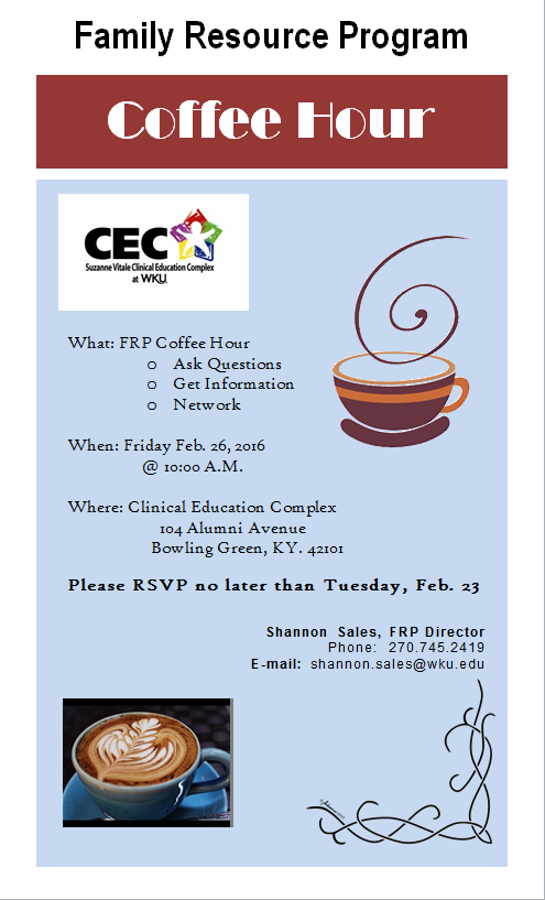 Upcoming event: Family Resource Program (FRP) coffee hour, coming up on Feb. 26. Come learn how FRP can help you.