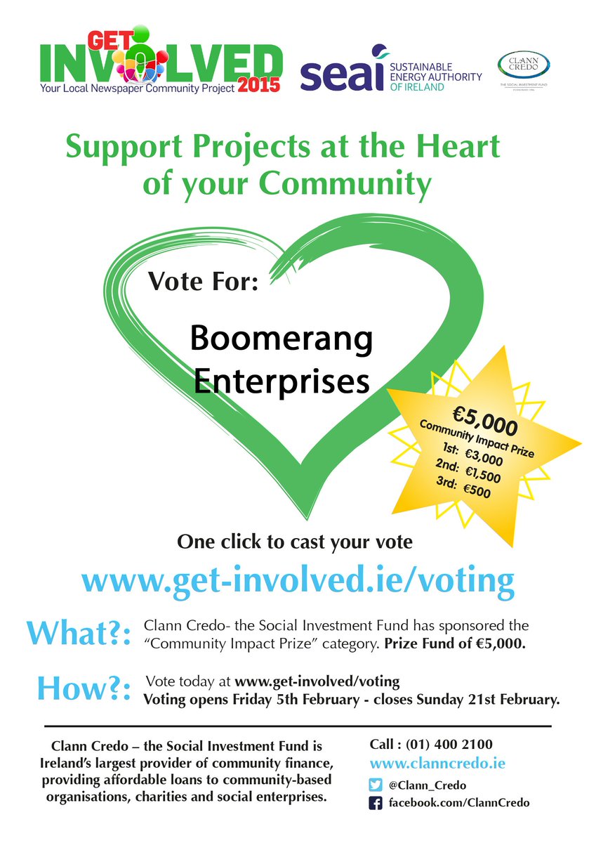 You can vote for <a href="/BoomerangCork/">Boomerang Enterprise</a> for the Get Involved Project. A super Environmental &amp; Social Enterprise