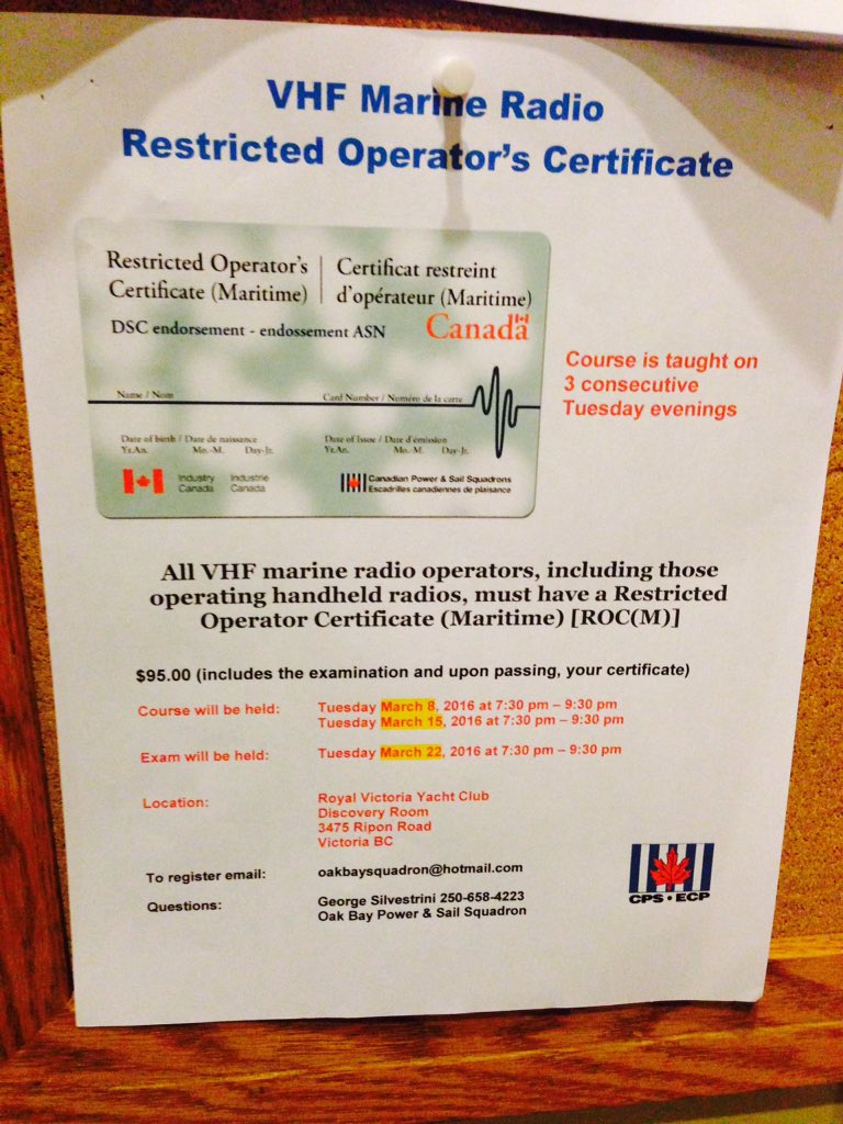 VHF Marine Radio courses held at RVicYC. Hosted by Oak Bay Power and Sail Squadron. Check poster for sign-up.