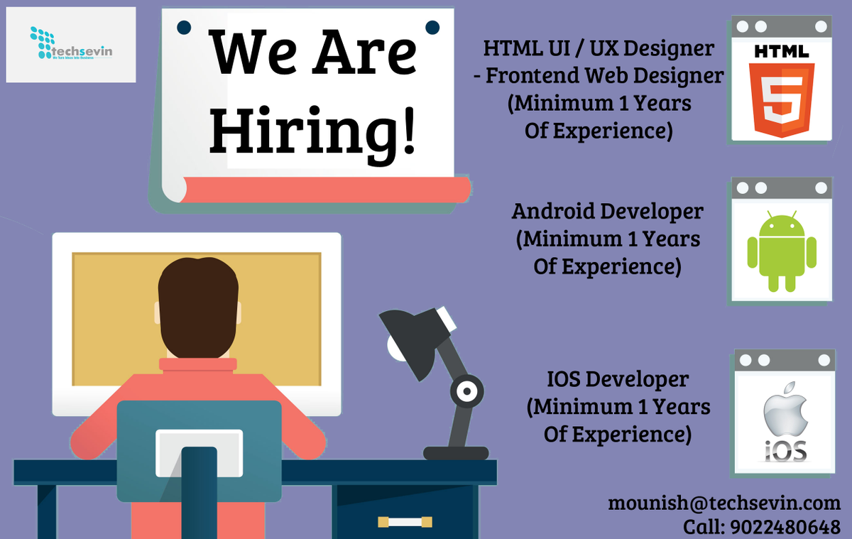 #Hiring now: HTML UI / UX Designer, #Android &amp; #IOS Developer 
apply at mounish@techsevin.com #appdeveloper #jobs