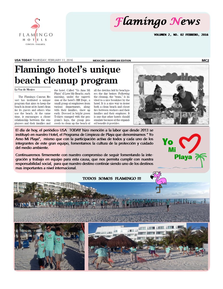 FlamingoNews's tweet photo. @jmartinsamano  USATODAY publica hoy@flamingocancun único con Programa Limpieza de Playa. Felicidades ! https://t.co/qOEraVKc95
