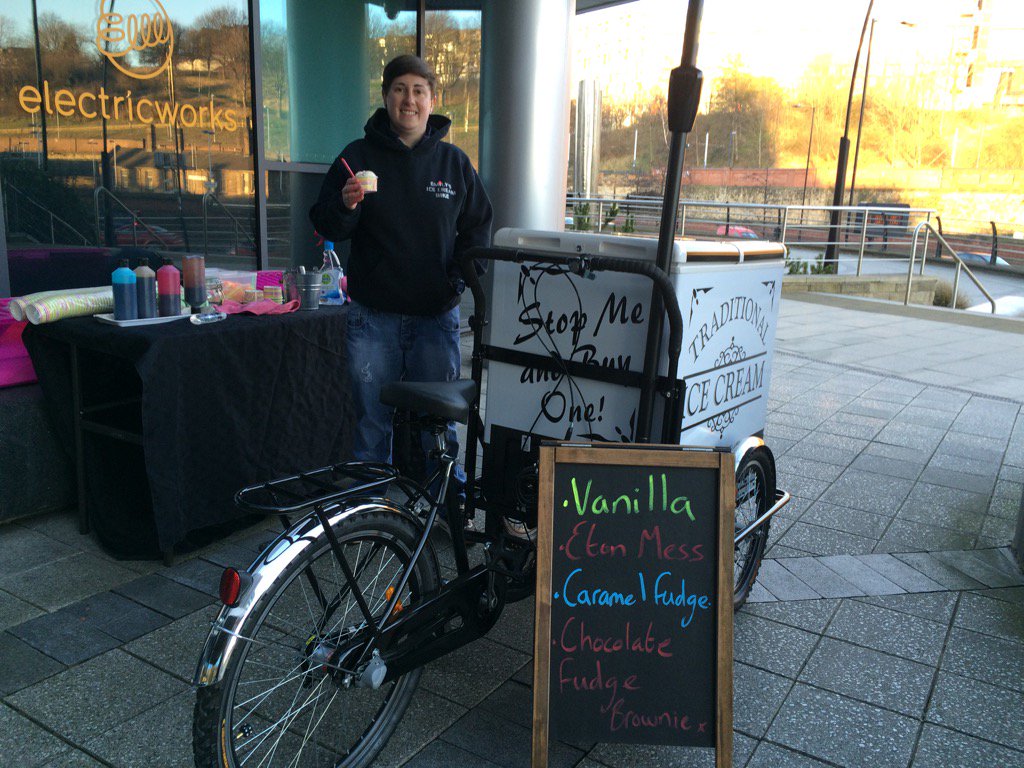 How fab on a sunny afternoon to have an #icecream from <a href="/emilysicecreams/">Emily</a> outside the <a href="/electricworks/">Electric Works</a> bike powered