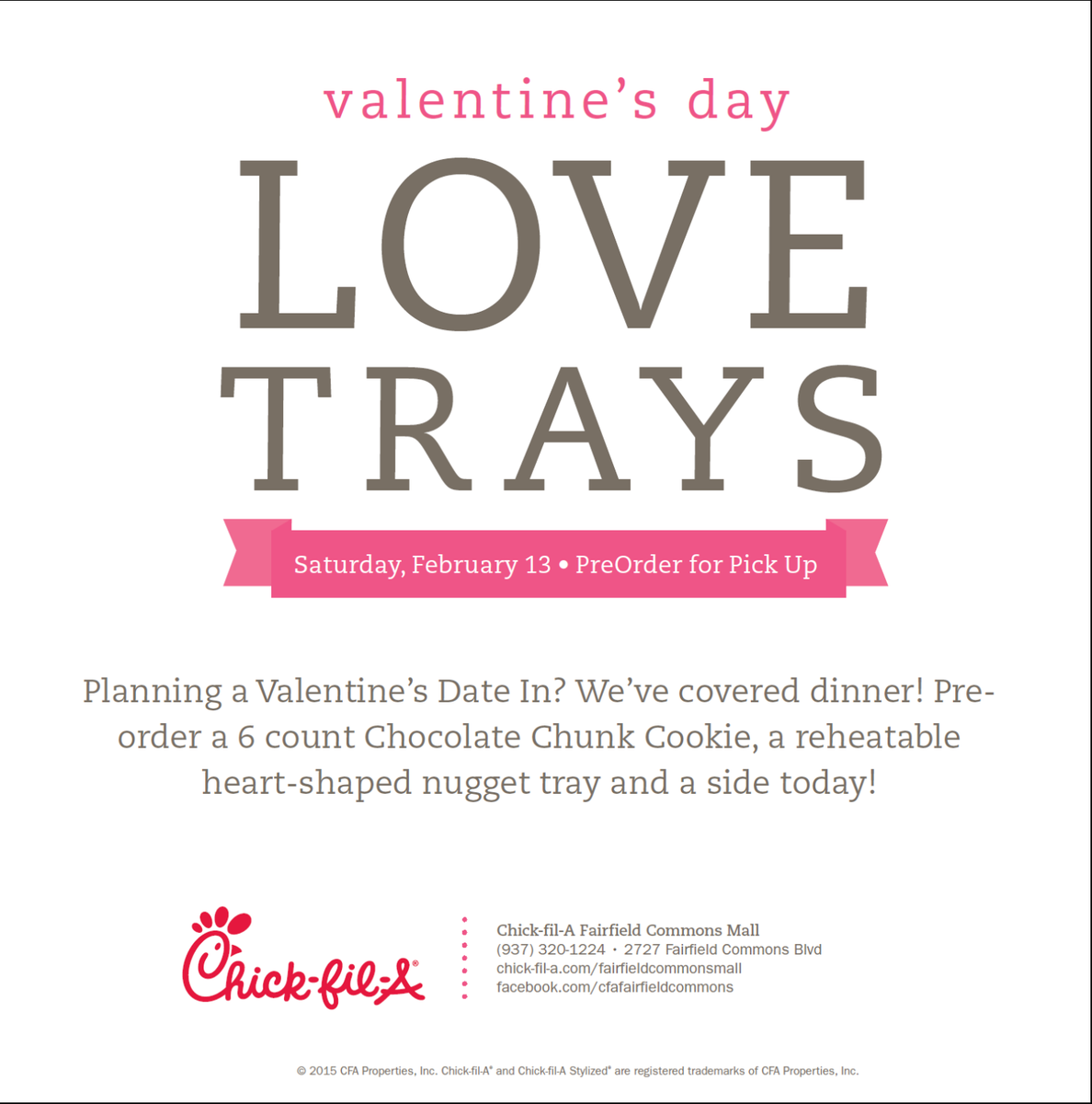 CFAFairfieldCom's tweet photo. #sharethelove with our Valentine's tray deal! Call 937-320-1224 to order! Only at Chick-fil-A Fairfield Commons. https://t.co/bRYUuIebJa