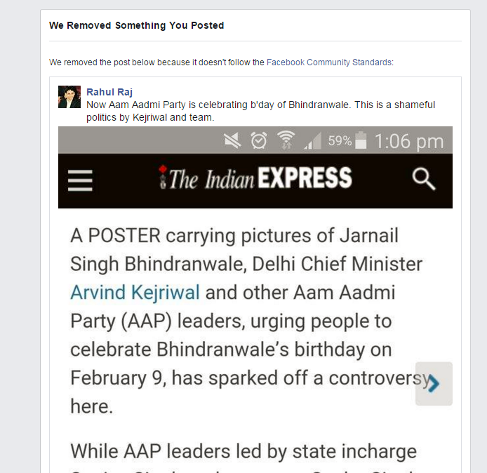 x_rahulraj's tweet photo. I posted an Indian Express pic on FB. Now I am blocked for 30 days by Facebook. Long live FOE! Long live criticism! https://t.co/TKlgchhMZ6