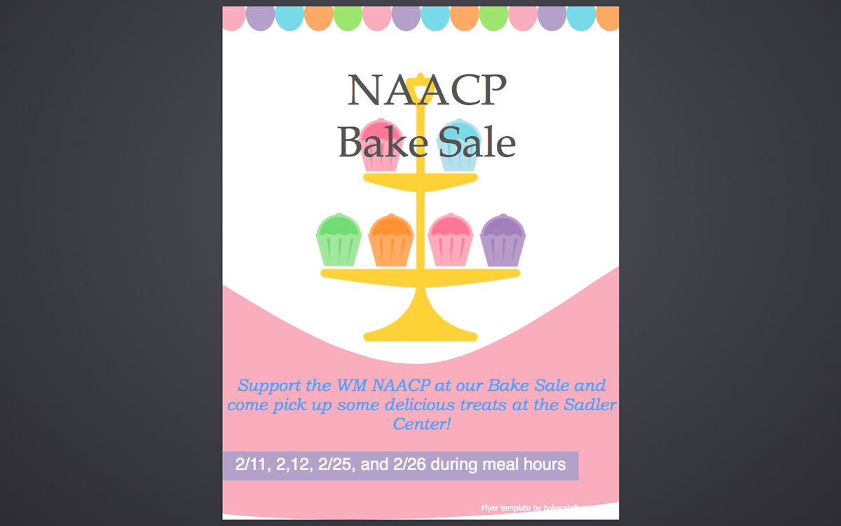 wm_naacp's tweet photo. Come to Sadler to grab some treats and support  @wm_naacp! https://t.co/vcgdjykG0L