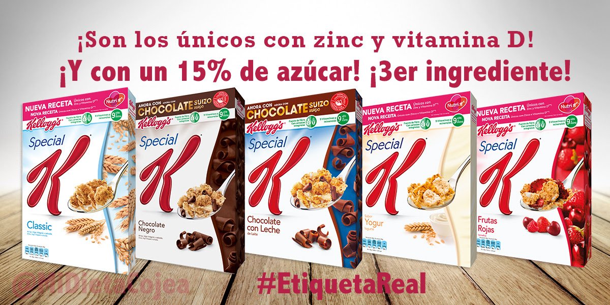Midietacojea's tweet photo. #EtiquetaReal de @SpecialKUS 
Orgullosos de la Vitamina D y el Zinc "olvidan" que el Azúcar es 3er ingrediente (15%) https://t.co/UsaYYX7eYV