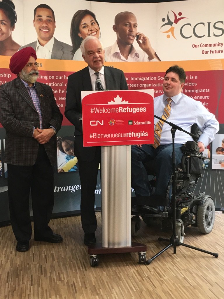 ahlainorg's tweet photo. Minister @JohnMcCallumLPC: Thank you #cn #gm and #manulife for stepping up to #welcomerefugees. #yyc https://t.co/eEmS6ONiwH