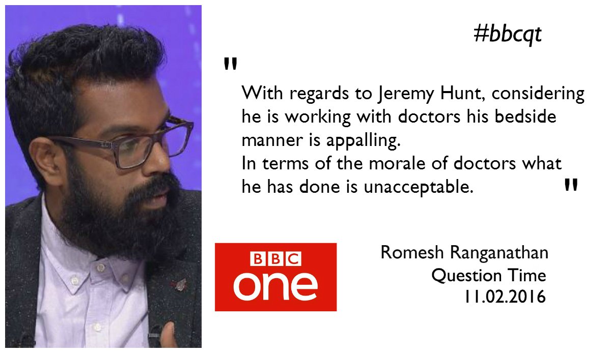 bbcquestiontime's tweet photo. .@RomeshRanga says the morale of doctors may have been damaged beyond repair by Jeremy Hunt's behaviour. #bbcqt https://t.co/ZPDJ6ZUdEQ