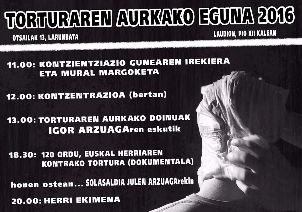 ErnaiLaudio's tweet photo. Otsailak 13 torturaren aurkako eguna! Egitarau oparoa Laudion, 11:00etatik aurrera kontzientziazio gunea zabalik! https://t.co/b6T9TAMnBw