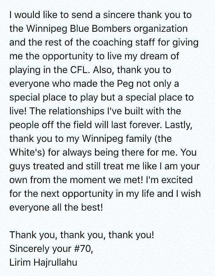 Lirim_70's tweet photo. A thank you message for the Peg and the @Wpg_BlueBombers. #CFL #CFLPA https://t.co/9Vnus3C0NI