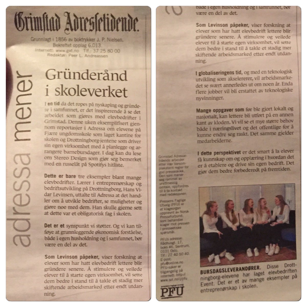 HansVidar's tweet photo. Dagens #leder i #gat #GrimstadAdressetidende bra om #entreprenørskap #ue #ueagder #ungdomsbedrift #drottningborg https://t.co/cWftJPn13a