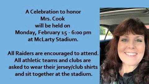 rockledgeSGA's tweet photo. Let's come together as a Raider family to celebrate one of our own. We love you, Mrs. Cook! ❤️💙💜 https://t.co/F1AtPcUFSZ