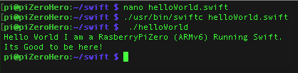 MacmeDan's tweet photo. Hooray! I’ve Done it. #Swift running on #PiZero #armv6 on #jessie #swiftLang #openSourceSwift #OpenSource #Linux https://t.co/QI8Kddy5MU