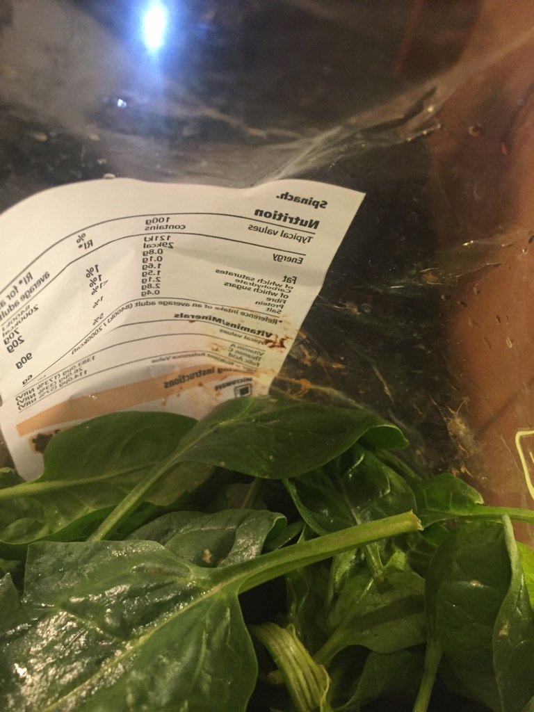 Trunnerz's tweet photo. Opened my bag of spinach bought today from @Tesco to find a load of brown residue down the inside of the packet #eww https://t.co/1GqV9pGVbB