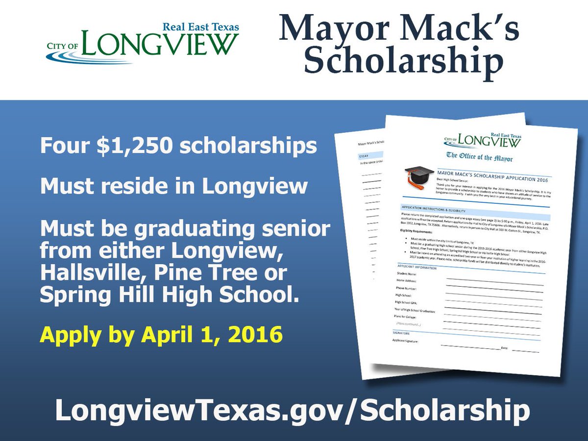 CityofLongview's tweet image. Have you heard about Mayor Mack's Scholarship? Learn more here: bit.ly/20E03zX #CollegeBound #OneLongview