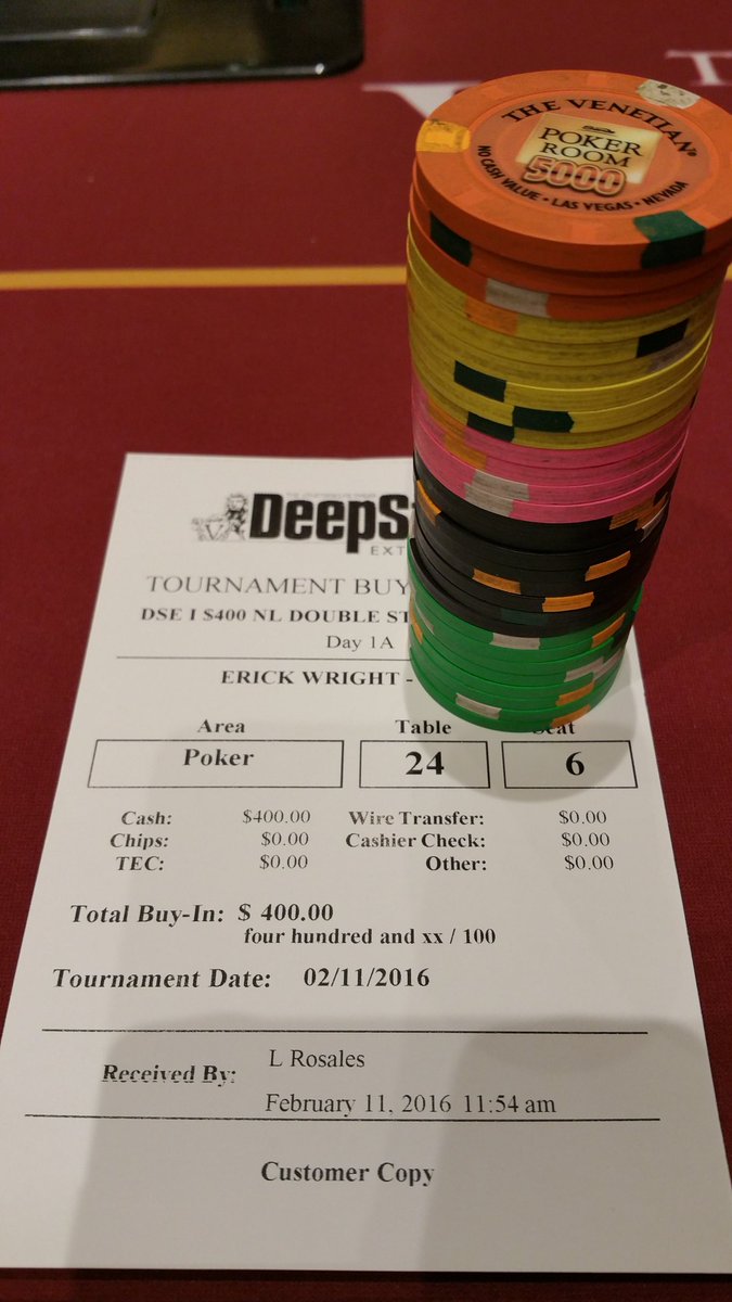 ErickWright's tweet photo. Playing the $400 DoubleStack #VDSE $100kGTD today. 2 Day1s, 24kSS &amp; 40m levels. @iNinjaPoker @BlueSharkOptics ♠♥♣♦👍 https://t.co/DJJBBfzbAQ