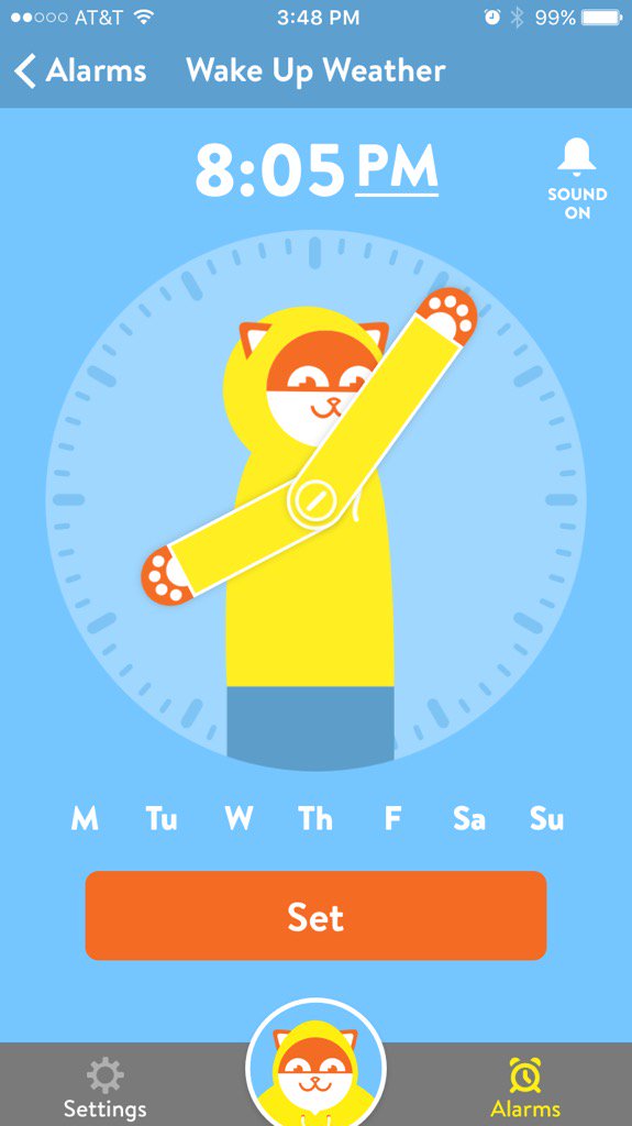 hqu's tweet photo. What a nifty way to set an alarm clock in @ponchoIRL app. #HCI #UI #directmanipulation https://t.co/VpIc0ho4Y0