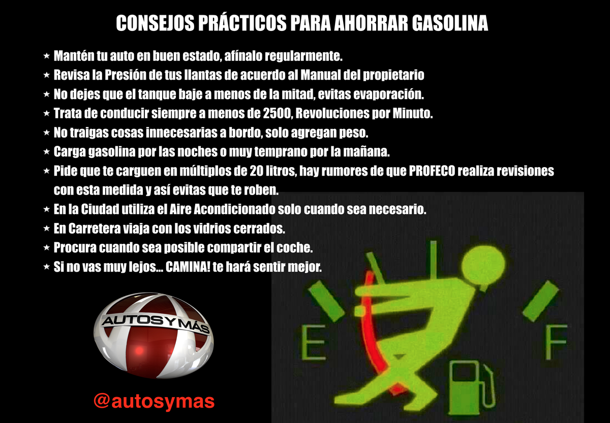 AutosyMas's tweet photo. RT a estos sencillos consejos para Ahorrar Gasolina https://t.co/C12HWKCDfY