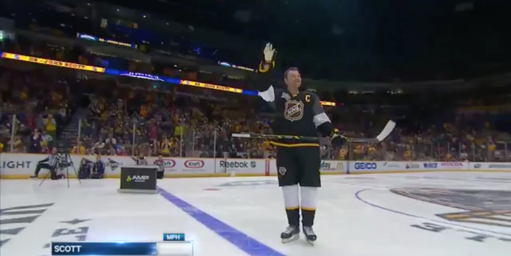 VIDEO: Fans, players salute John Scott ahead of Hardest Shot Competition. thesco.re/1PMFEHg
