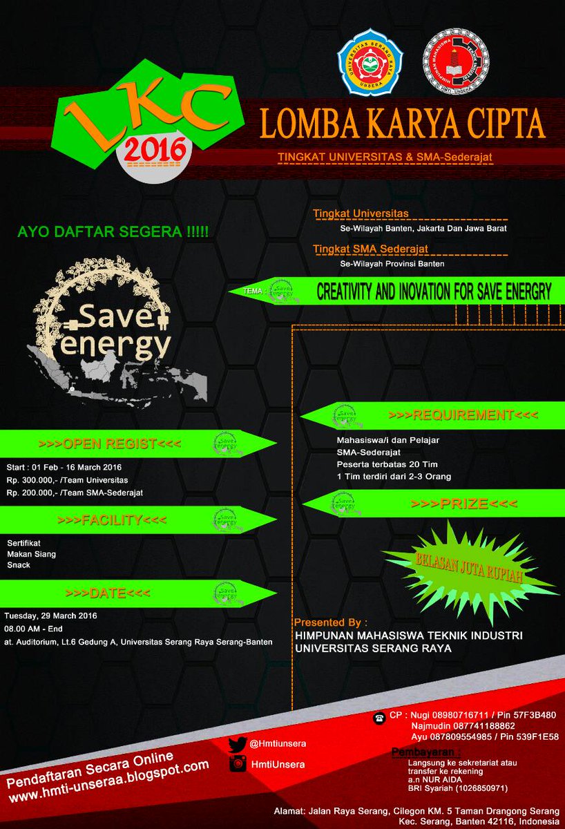 AYO DAFTAR SEGERA!!!
Lomba Karya Cipta Universitas Serang Raya👍keterangan lebih lanjut hub. CP yg tertera yaa😊😊