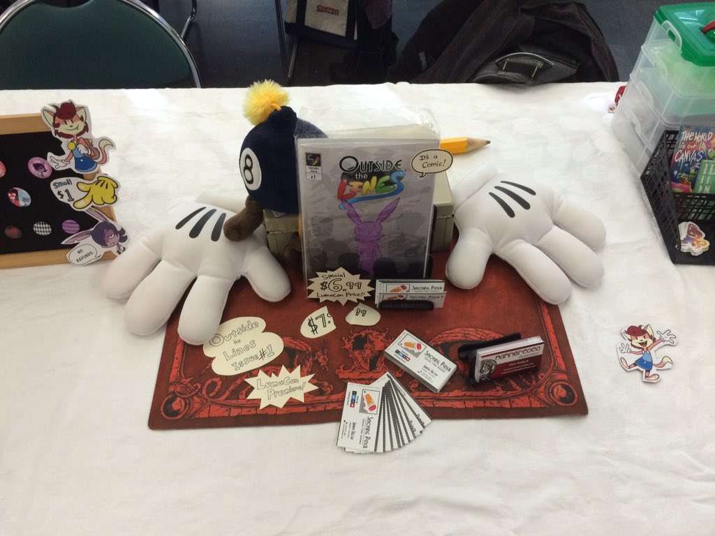 SPencilCartoons's tweet photo. Our table! George came to say "hi" #lumacon2016 https://t.co/0se91QoEbj