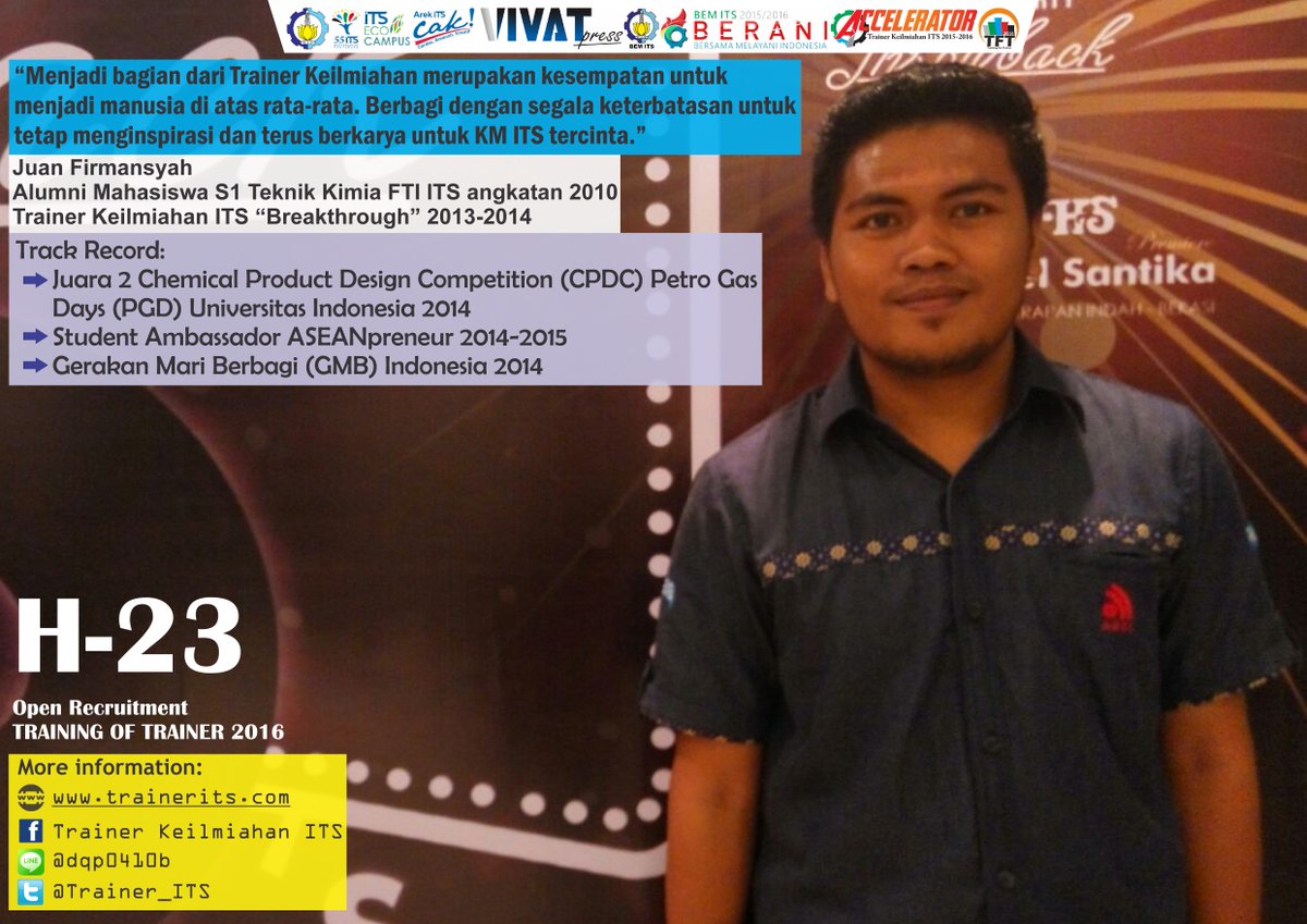 trainerits.com/IamTheNext
#TFT2016
#IamTheNextTrainer2016
#GenerasiPencerdasKMITS
#AkuUntukIndonesiaku
#BeAChangeMaker