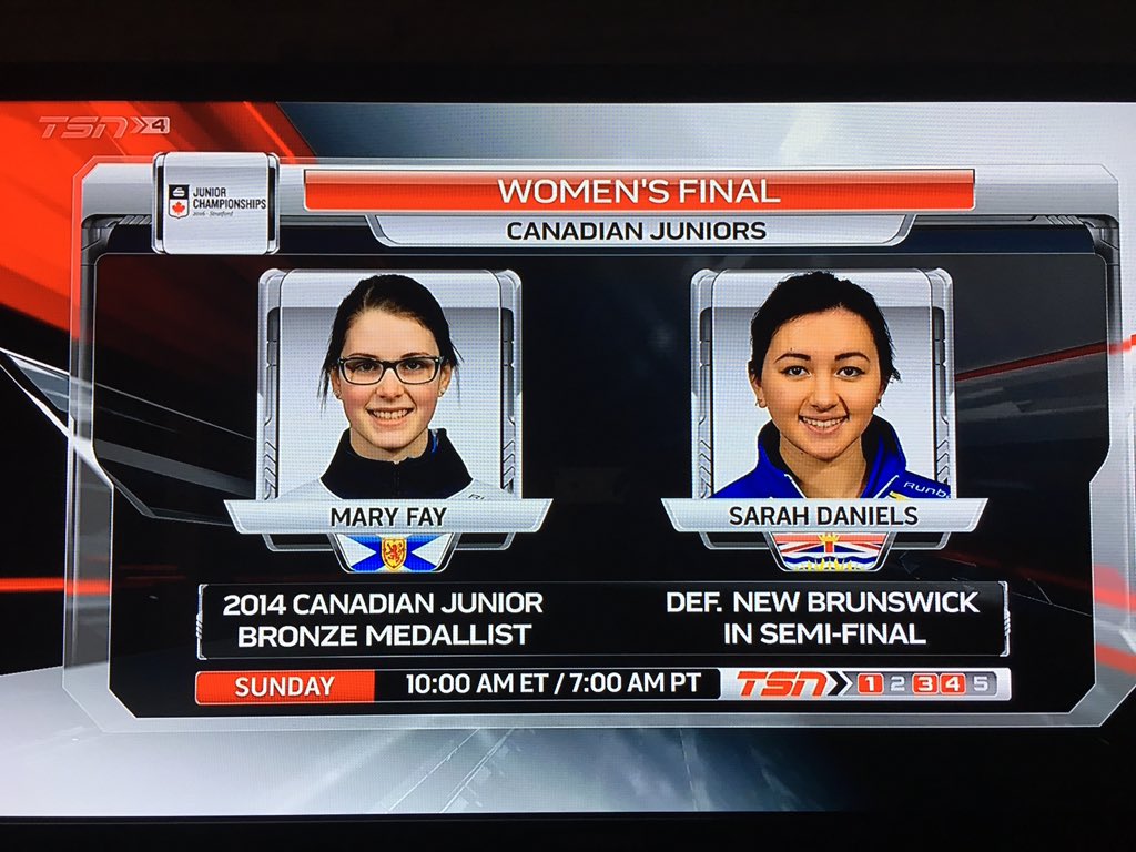 CurlingCanada's tweet photo. Women's final also set with @NSCurl vs @curlbc on @TSNCurling at 10am ET #CdnJrs2016 https://t.co/OIyUiEWIKd