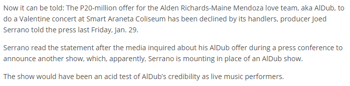 dusbiofc's tweet photo. 20M lang naman ang offer sa aking mga apo for a ValentineConcert.
Source: Inquirer

#ALDUBForCosmo
#SPSTawaAllTheWay https://t.co/tVEvvd0mf2