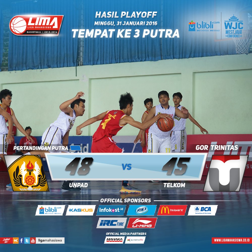 End of game :

<a href="/TimBasketUNPAD/">UNPAD Basketball</a> vs <a href="/timbasketTEL_U/">Tim Basket TELKOM</a> 
(Men's Third Place)

#LIMABasket