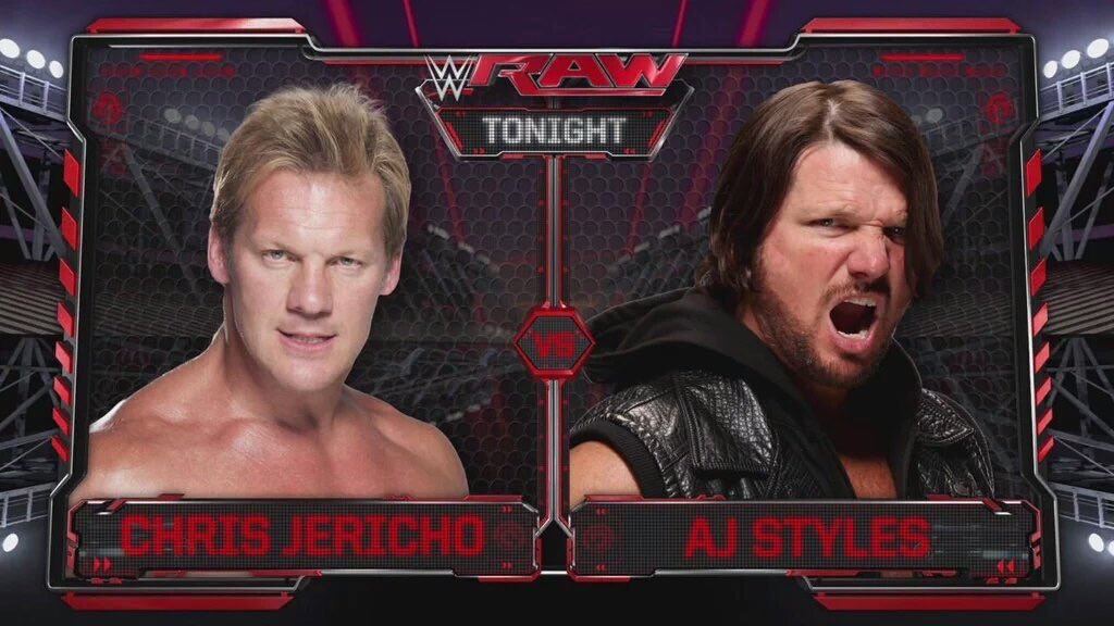 WWEUK's tweet photo. NEXT: @IAmJericho faces, making his #RAW debut, @AJStylesOrg!

#OneHourRAW https://t.co/UzOO35kzdI