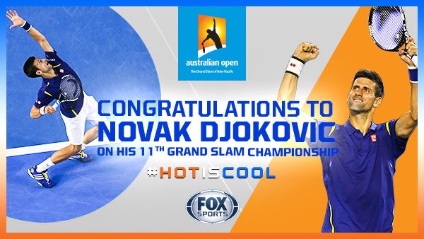 ESPNAsia's tweet photo. The world no. 1 has done it again! Congratulations #Djokovic on your 11th #GrandSlam win! #HotIsCool #AusOpen https://t.co/OAuKlxj0yK