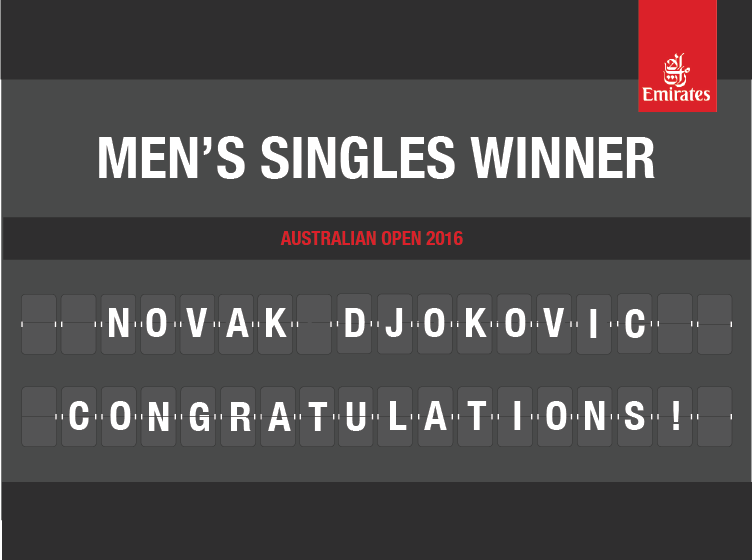 emirates's tweet photo. Congratulations to the singles mens winner @DjokerNole from us at Emirates.#EmiratesCheckIn #AusOpen https://t.co/vFSaLv8iKi