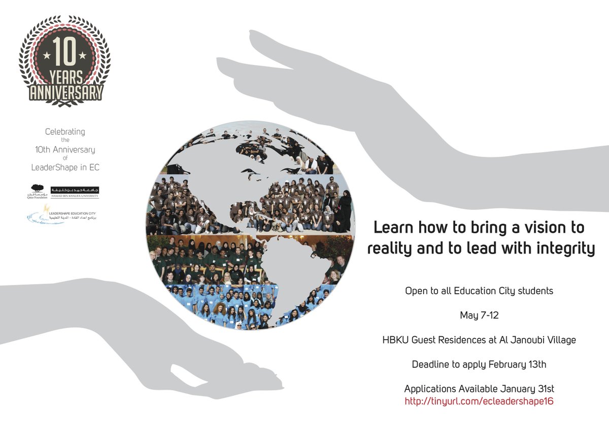 EBDAQatar's tweet image. Don't miss out on LeaderShape 2016 celebrating 10 years! Applications now available at tinyurl.com/ecleadershape16