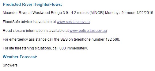 ABCemergency's tweet photo. #TAS Minor flooding may develop in lower #MeanderRiver on Monday. River levels rises peaking below minor levels https://t.co/uc0PM6LCcr