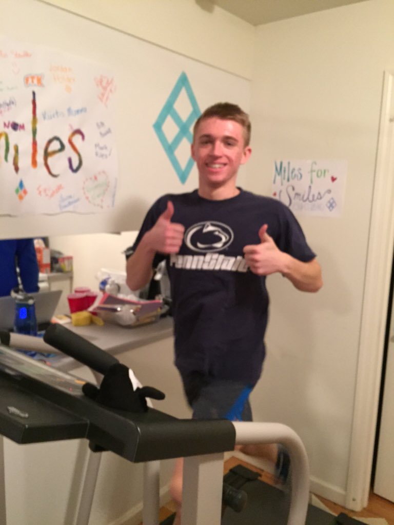 PSUClubXC's tweet photo. With two thumbs up, there's nothing that Tyler can't Per-do! Keep running For The Kids! #M4S #Hour36 https://t.co/7Iw1sXSFSl