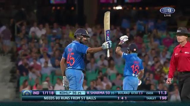 wwos's tweet photo. IND 1/118 (11.3) "Well played Rohit Sharma" - JB. Sharma reaches another 50 from just 35 balls. #AUSvIND #PinkT20 https://t.co/YxI5ABVeL2