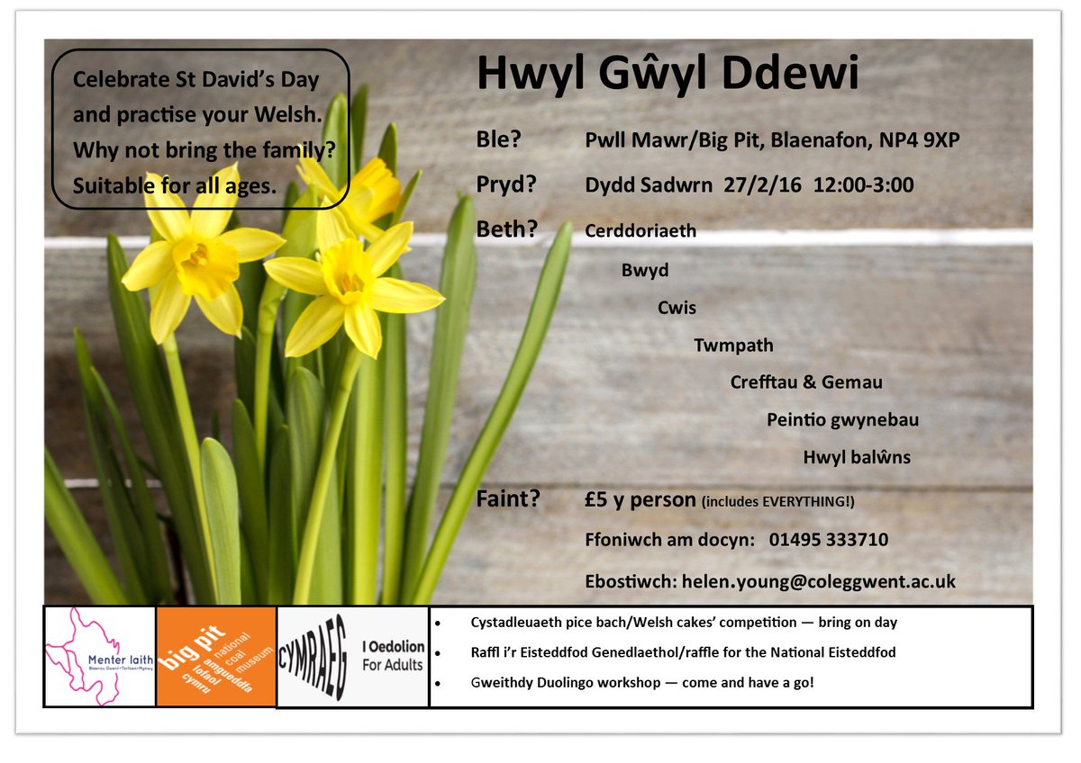 Sut byddwch chi'n dathlu Dydd Gŵyl Dewi eleni? BIG PIT 27/2/16 yw'r ateb@BigPitMuseum <a href="/SteffanWebb/">Steffan Webb</a> <a href="/WelshTeuluGwent/">Cymraeg i'r Teulu</a>