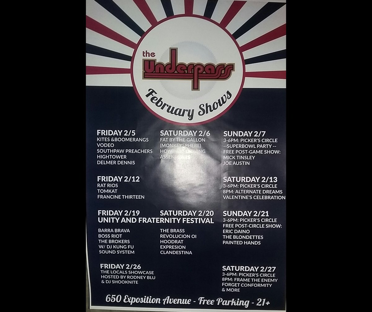 Our February Schedule
Only a $5 Cover &amp; Free gated parking
TV Dinner bar food for sale