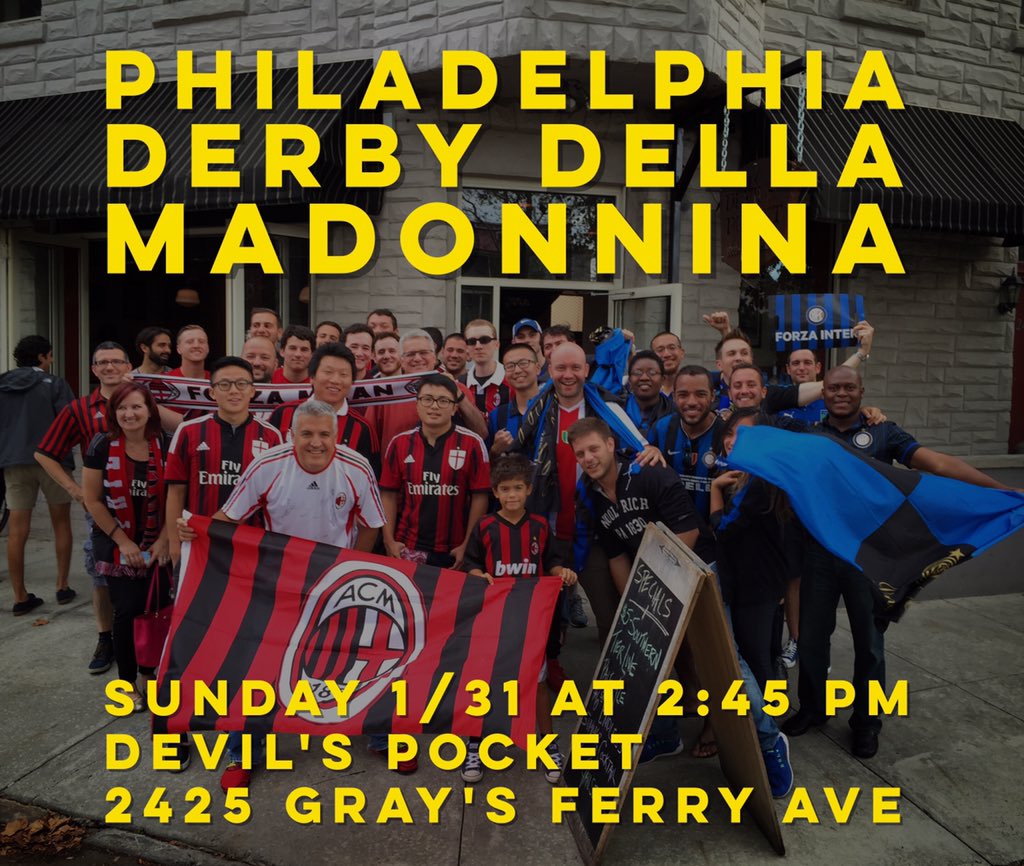 MilanClubPhilly's tweet photo. #Philly #Derby meetup TODAY! Join @MilanClubPhilly & #InterClubPhiladelphia for @acmilan v @Inter - all are welcome! https://t.co/QErFkUSIcS