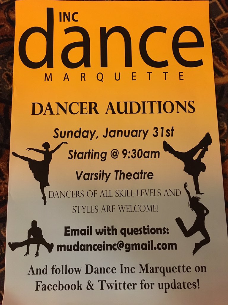 MU_DanceInc's tweet photo. Don't forget today is the big day! Head on down to varsity theatre for dancer auditions starting at 9:30 a.m.! https://t.co/6FsOof1X8L
