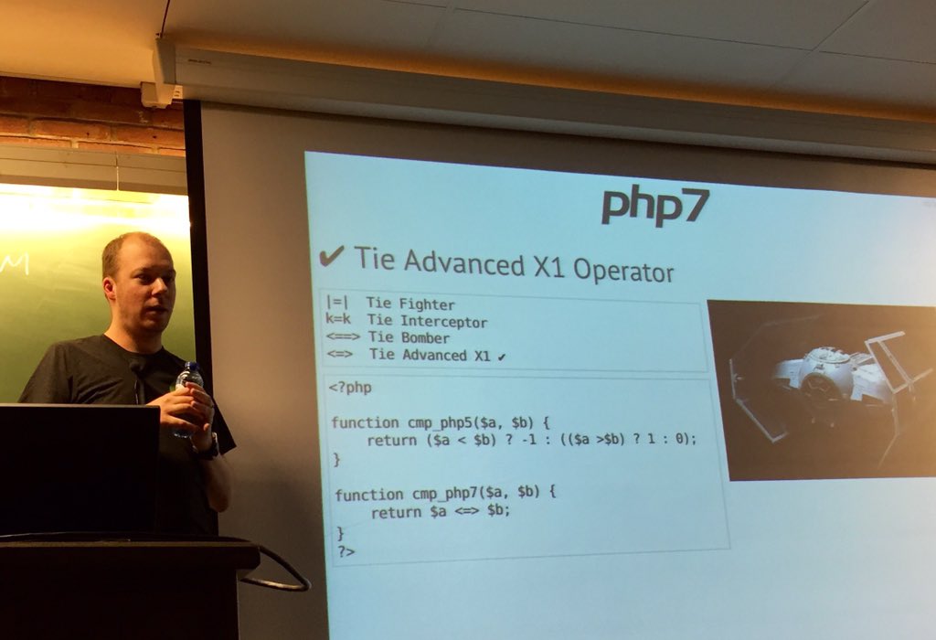 jmikola's tweet image. .@derickr providing valuable insight into the naming process of #PHP7's new comparison operator. #phpfosdem