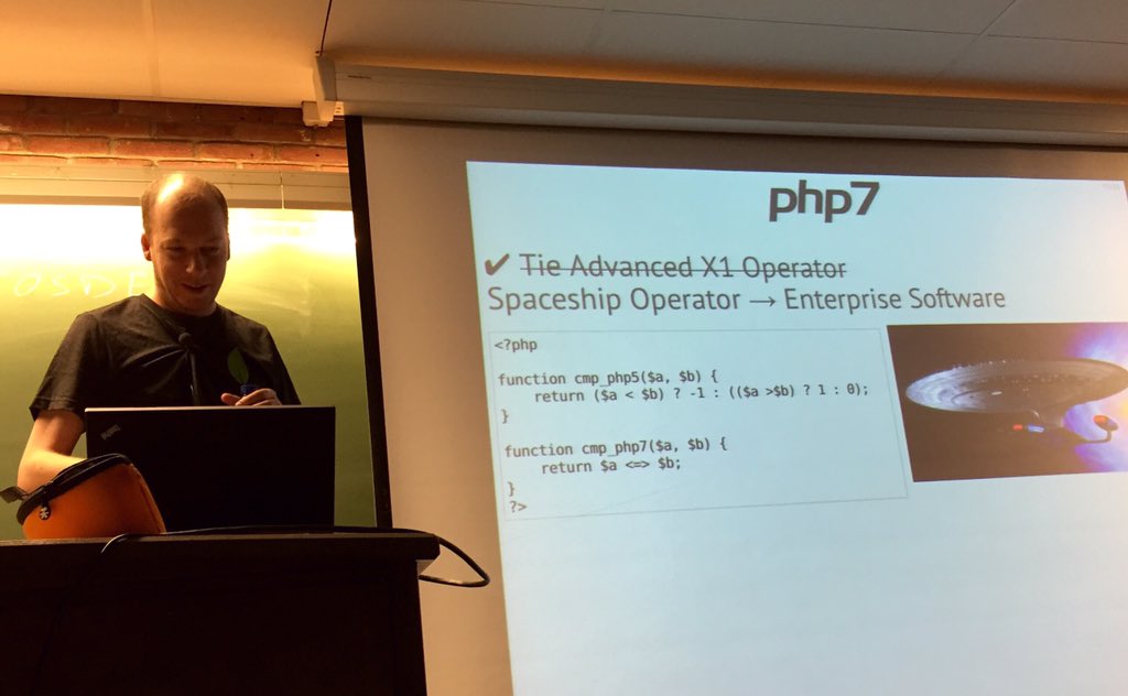 jmikola's tweet image. .@derickr providing valuable insight into the naming process of #PHP7's new comparison operator. #phpfosdem