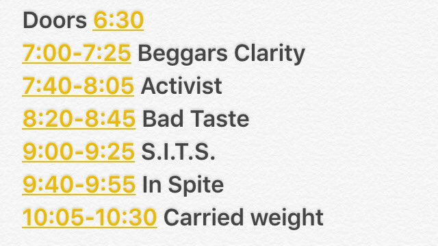 Show starts at 6:30 tonight. White oak needs help with there rent or they might be done. Help pack out this show. RT