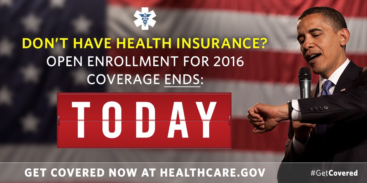 ObamaWhiteHouse's tweet photo. Today's the day: If you don't have health insurance, make sure you #GetCovered at https://t.co/JxkdfhYxgO now! https://t.co/Ffj3c3RPb2