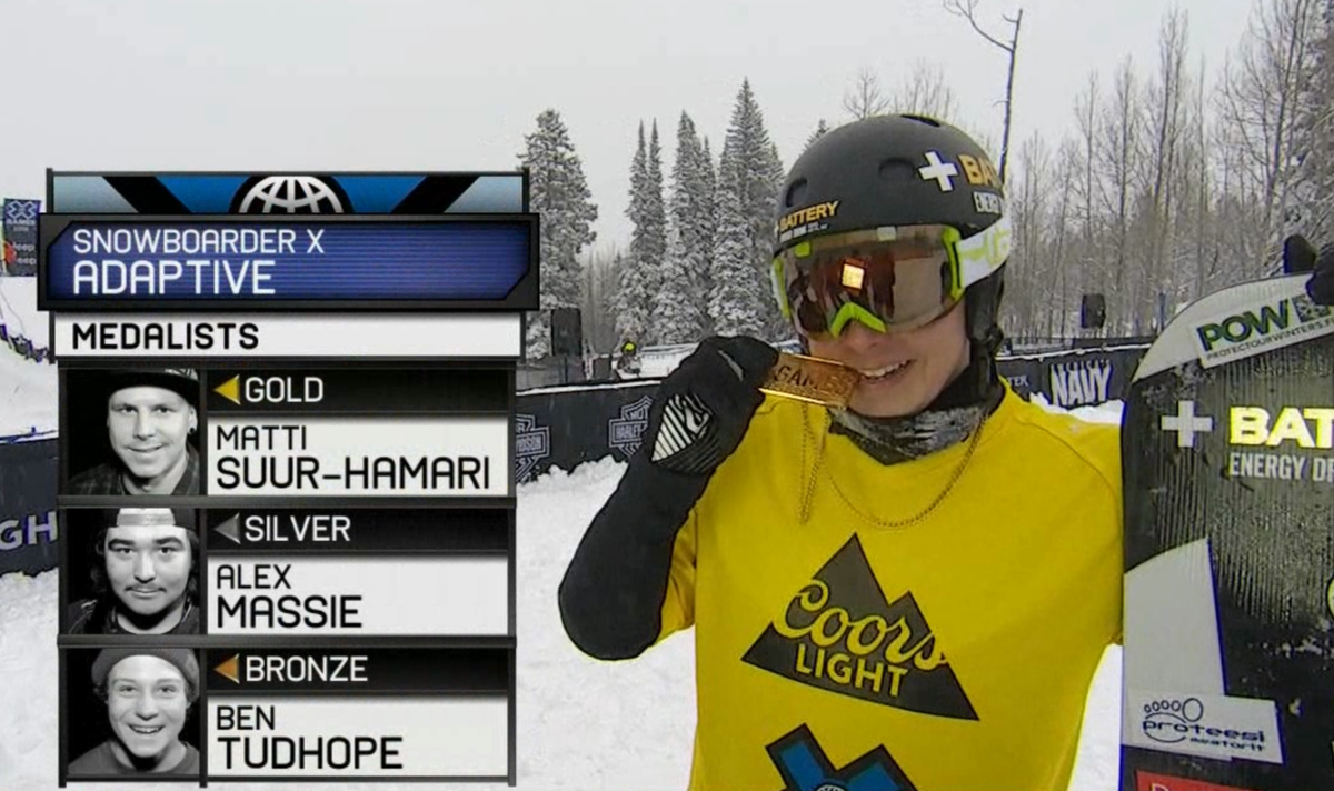 XGames's tweet photo. #XGames Snowboarder X Adaptive
Gold – Matti Suur-Hamari 🇫🇮
Silver – Alex Massie 🇨🇦
Bronze – Ben Tudhope 🇦🇺 https://t.co/y719koikA0