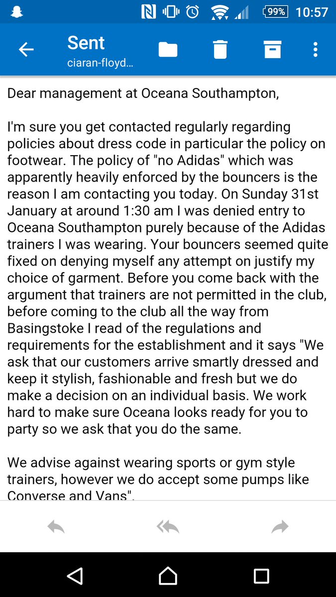 i_amfloyd's tweet photo. Got denied entry to Oceana Southampton for wearing trainers so I sent this email whilst drunk, awaiting a response.. https://t.co/9yvnZffrXd
