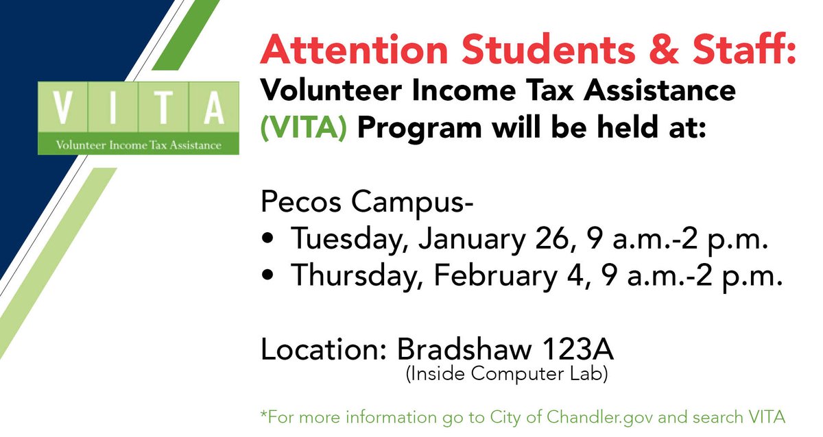 chandlergilbert's tweet photo. Do you need help with your #taxes? Stop by #CGCC's #Pecos Campus on Feb 4 to take advantage of the #VITAProgram. https://t.co/KvIX7QsT4A